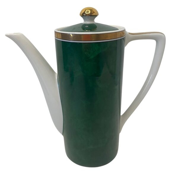 Vintage Otagiri Malachite Green Gold Trim Porcelain Coffee/Tea Pot Retro 6.5" - Picture 1 of 9